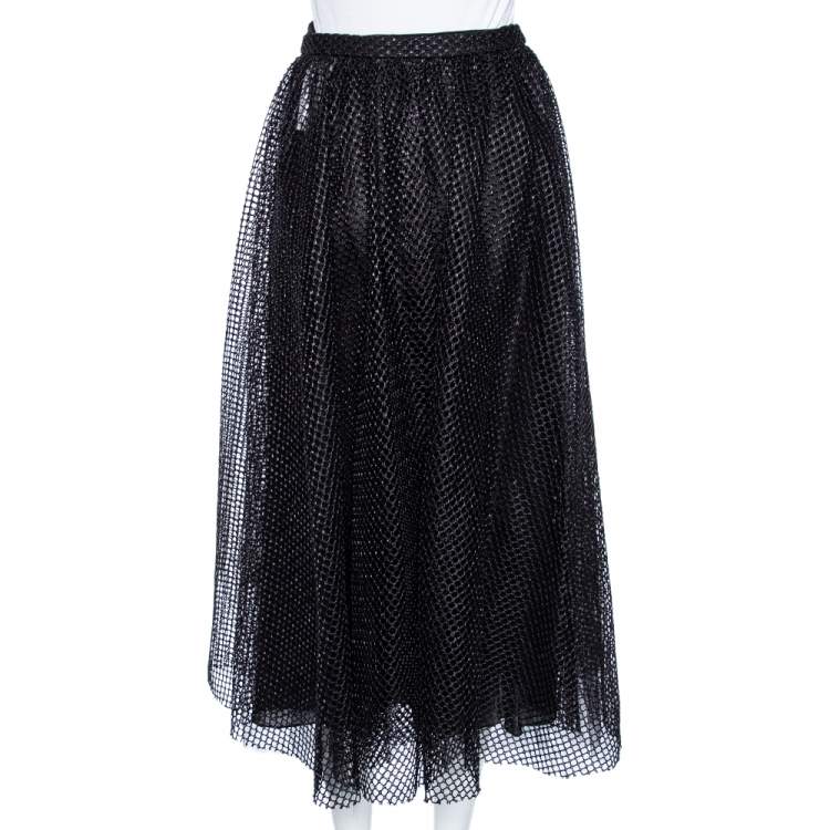 Pre Owned Christian Dior Black Synthetic Mesh Wrap Detail Midi Skirt M 