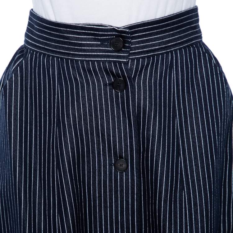 Pre Owned Dior Blue Striped Cotton Button Front Flared Skirt M