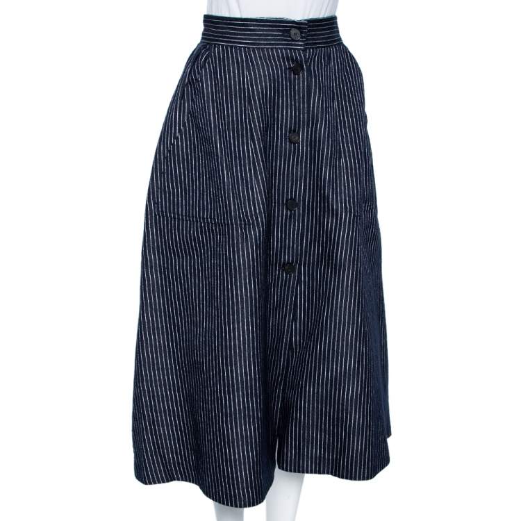 Pre Owned Dior Blue Striped Cotton Button Front Flared Skirt M
