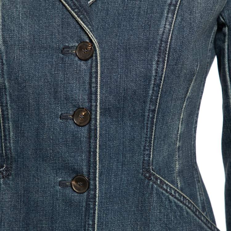 Pre Owned Dior Blue Denim Embroidered Bee Detailed Button Front Blazer Jacket S