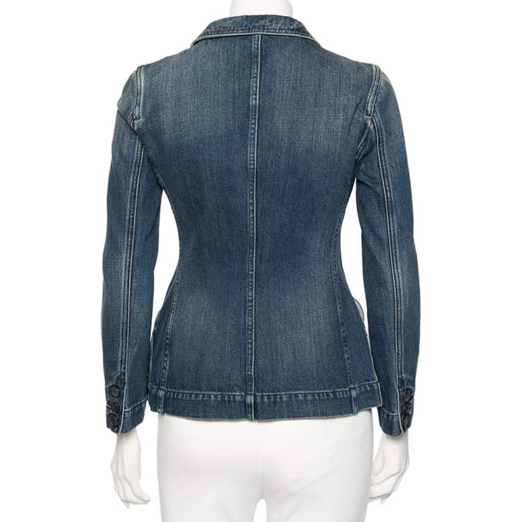 Pre Owned Dior Blue Denim Embroidered Bee Detailed Button Front Blazer Jacket S