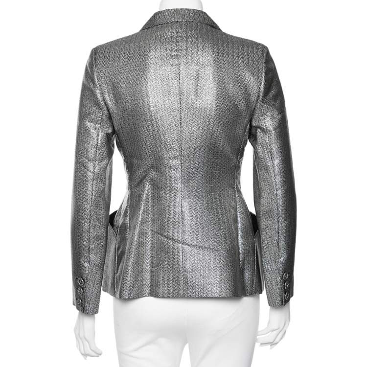 Pre Owned Christian Dior Metallic Lurex Herringbone Pattern Silk Double Breasted Blazer M