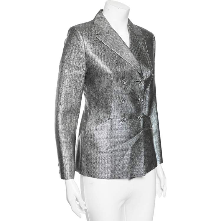 Pre Owned Christian Dior Metallic Lurex Herringbone Pattern Silk Double Breasted Blazer M