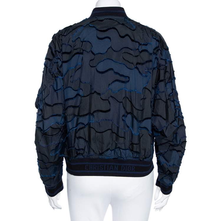 Pre Owned Dior Blue & Black Camouflage Patterned Synthetic Bomber Jacket S
