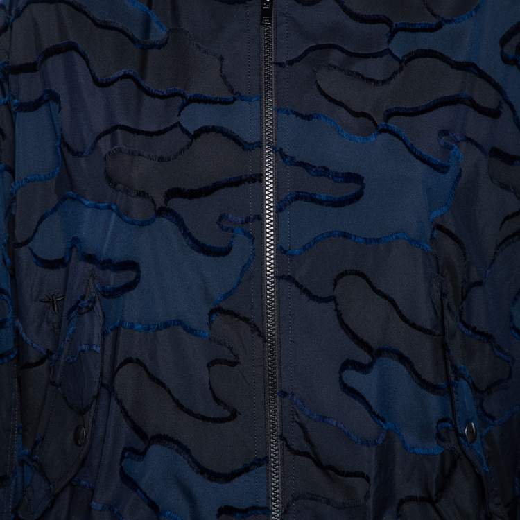 Pre Owned Dior Blue & Black Camouflage Patterned Synthetic Bomber Jacket S