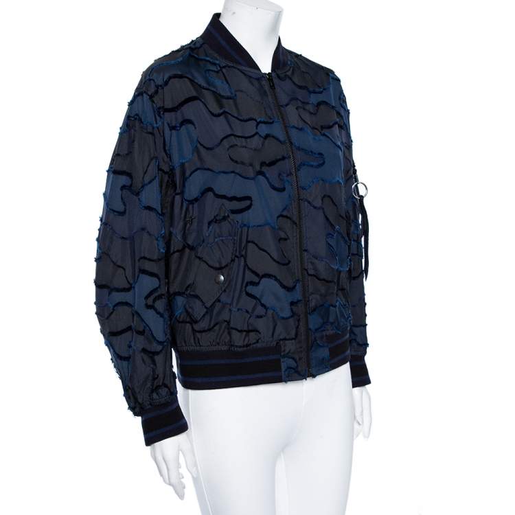 Pre Owned Dior Blue & Black Camouflage Patterned Synthetic Bomber Jacket S