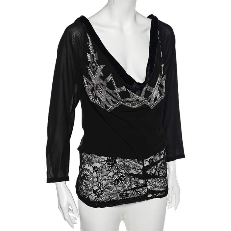 Pre Owned Dior Black Silk & Lace Trimmed Embellished Cowl Neck Top L