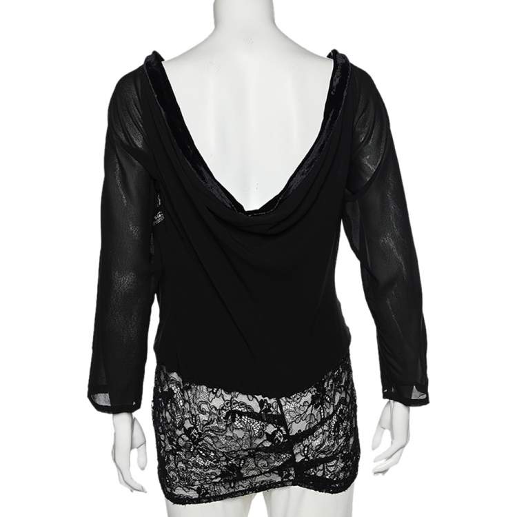 Pre Owned Dior Black Silk & Lace Trimmed Embellished Cowl Neck Top L