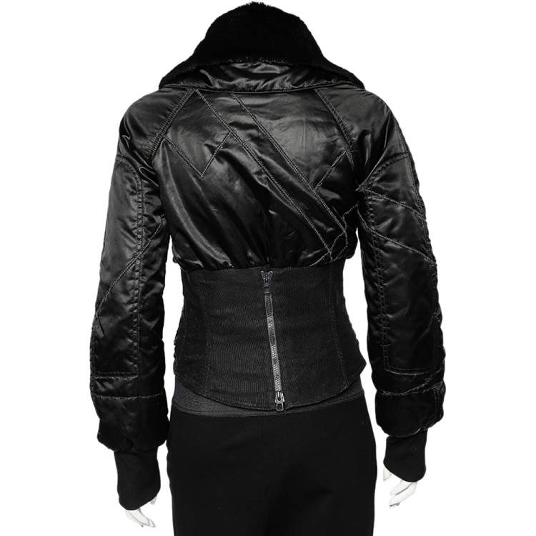 Pre Owned Dior Black Synthetic & Rabbit Fur Lined Corset Trimmed Jacket S