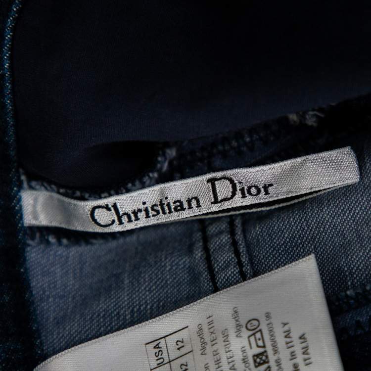Pre Owned Dior Blue Patchwork Stitched Denim High Waisted Wide Leg Jeans L