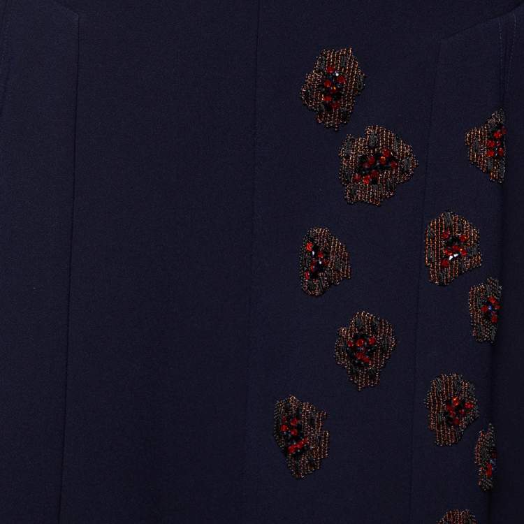 Pre Owned Dior Navy Blue Crepe Embroidered Embellished Midi Skirt M