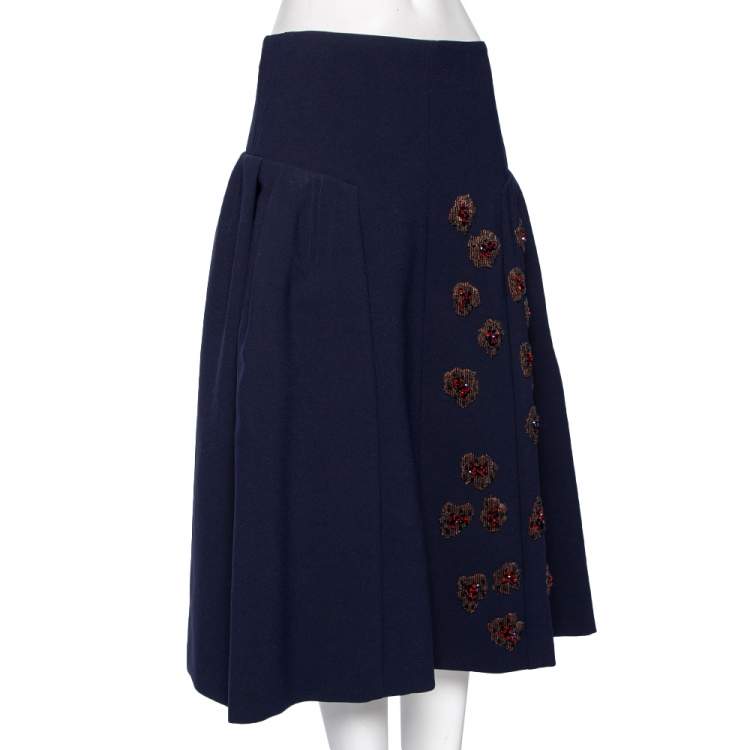 Pre Owned Dior Navy Blue Crepe Embroidered Embellished Midi Skirt M