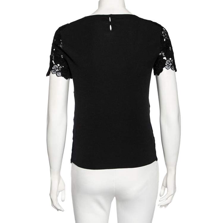 Pre Owned Dior Black Floral Lace Knit Short Sleeve Top M