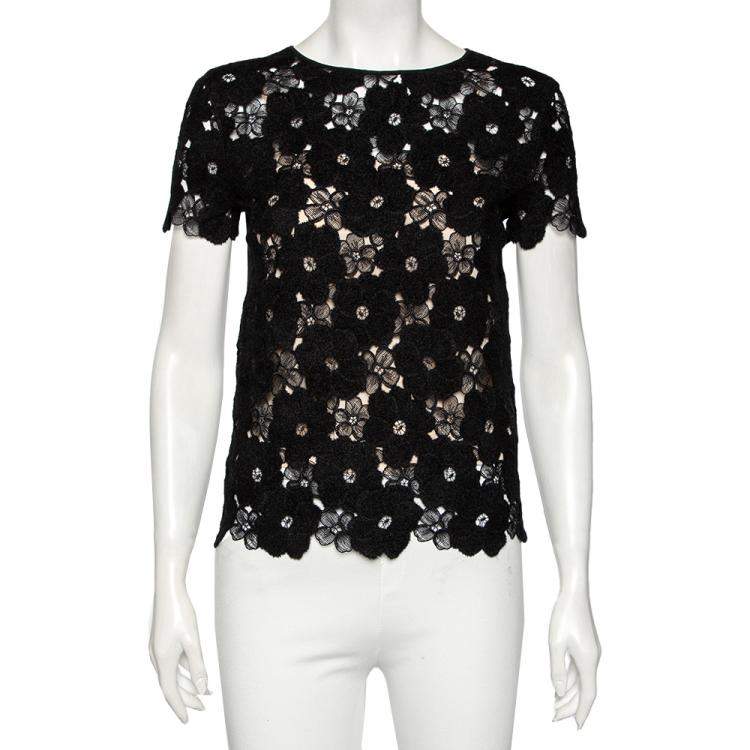 Pre Owned Dior Black Floral Lace Knit Short Sleeve Top M