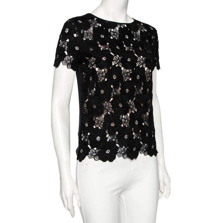 Pre Owned Dior Black Floral Lace Knit Short Sleeve Top M