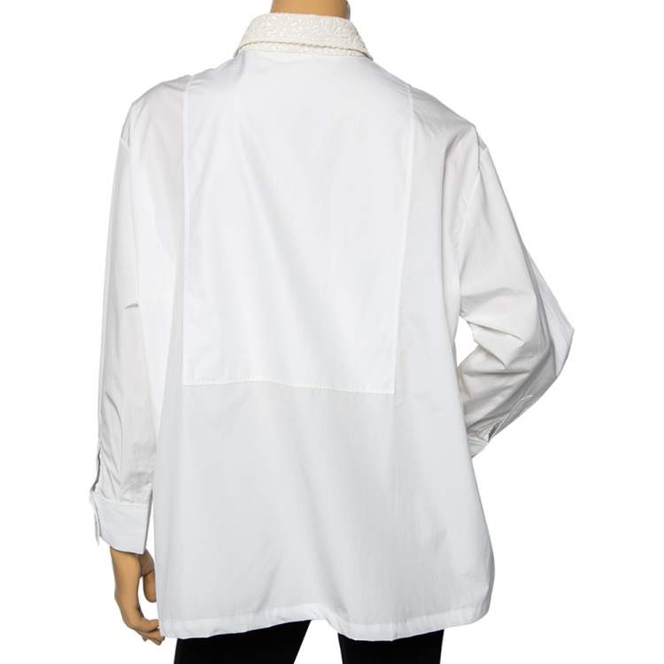 Pre Owned Dior White Cotton & Lace Trimmed Oversized Blouse L