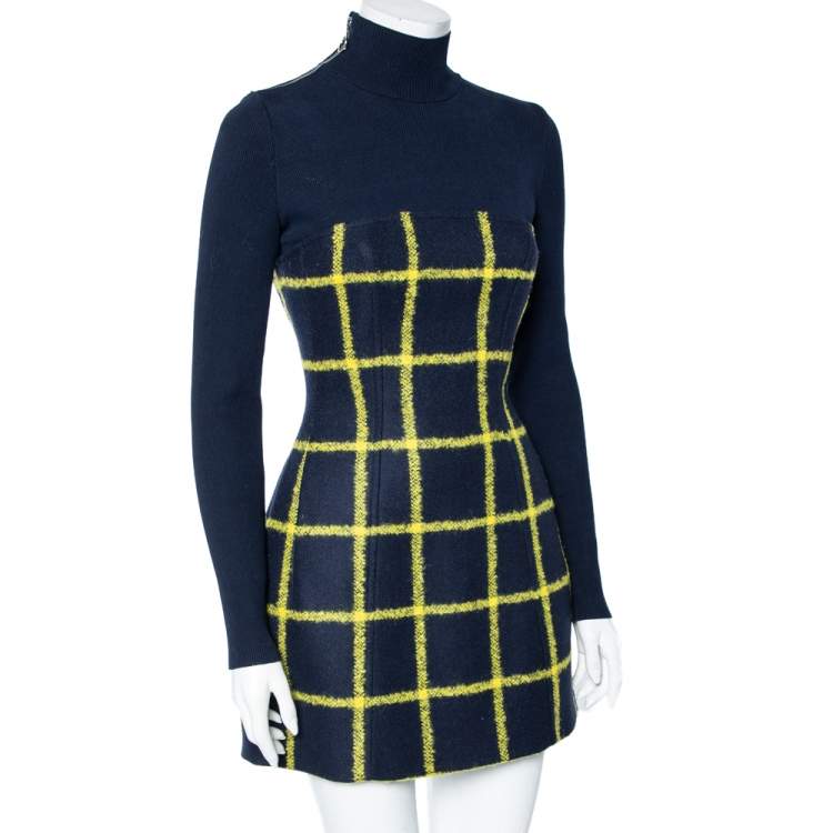Pre Owned Dior Navy Blue Grid Checked Wool & Rib Knit Long Sleeve Dress S 