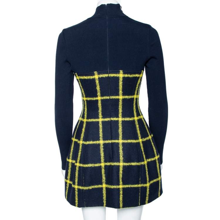 Pre Owned Dior Navy Blue Grid Checked Wool & Rib Knit Long Sleeve Dress S 