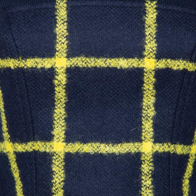 Pre Owned Dior Navy Blue Grid Checked Wool & Rib Knit Long Sleeve Dress S 