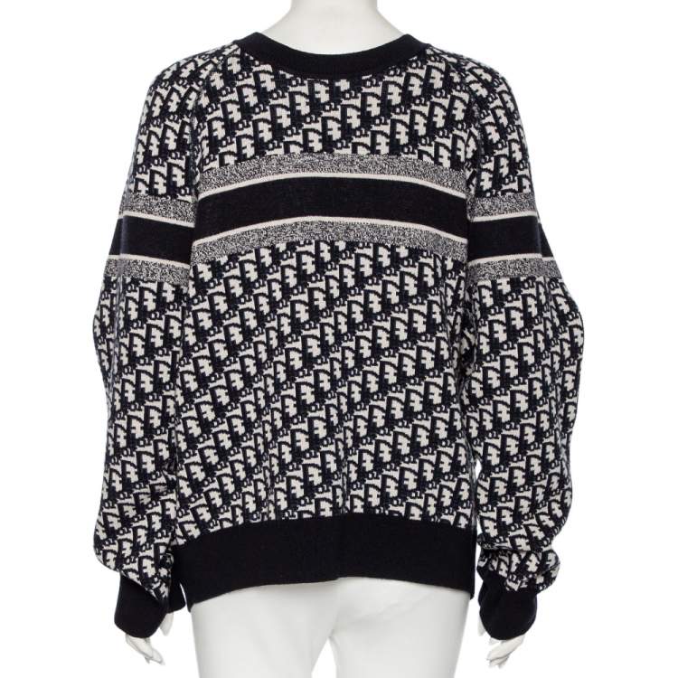 Pre Owned Dior Navy Blue Oblique Motif Jacquard Cashmere Reversible Sweater L