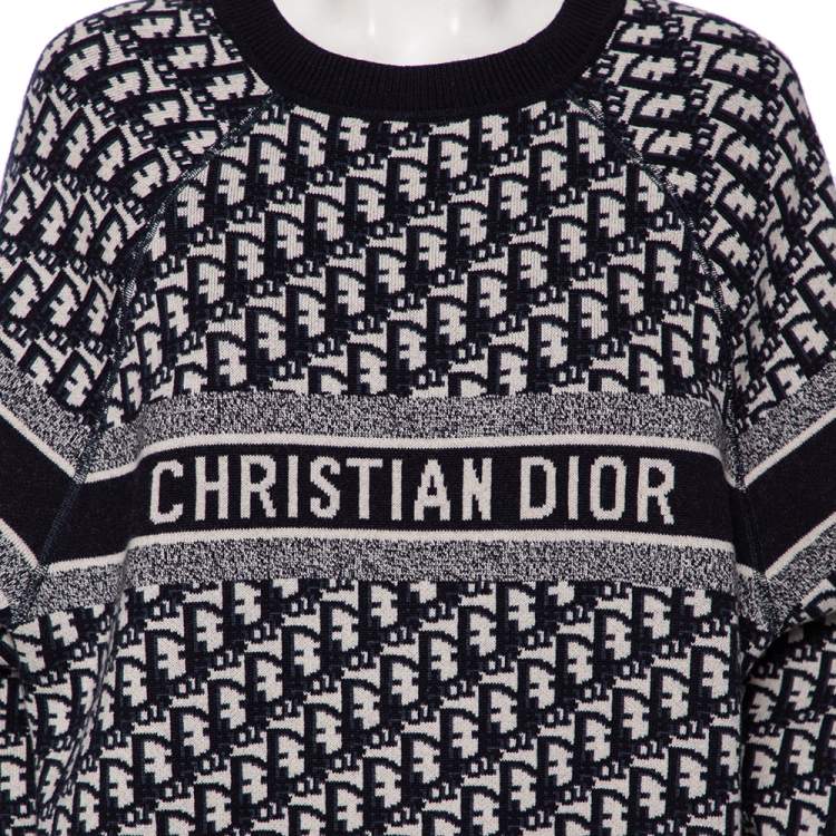 Pre Owned Dior Navy Blue Oblique Motif Jacquard Cashmere Reversible Sweater L