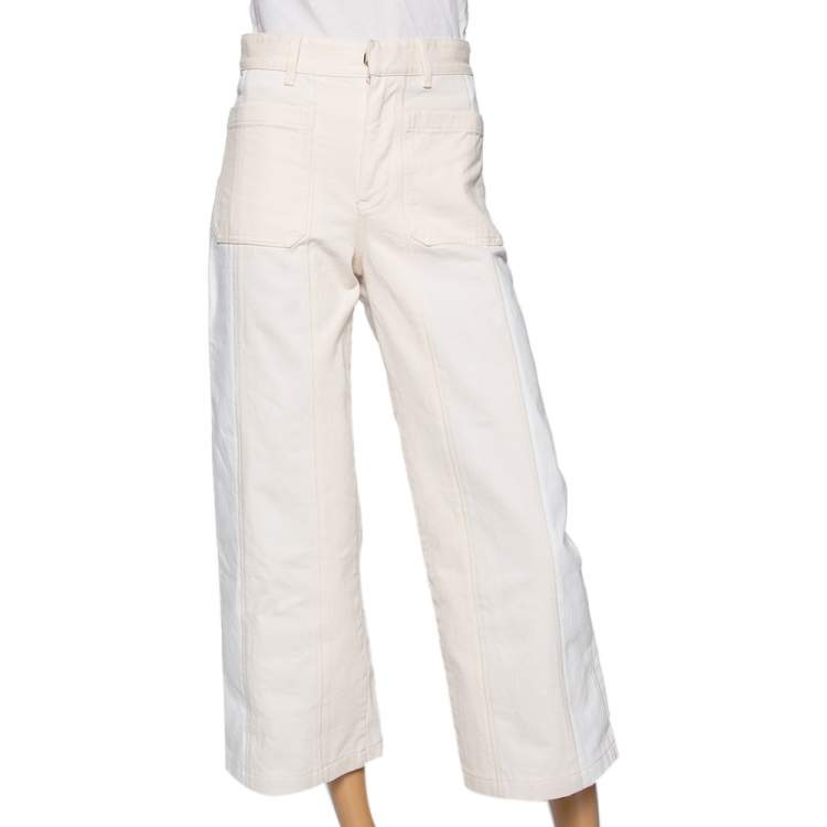 Pre Owned Dior White & Cream Paneled Denim Wide Legged Jeans S 