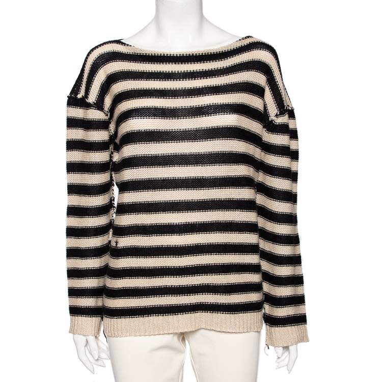 Pre Owned Dior Beige & Black Striped Cashmere & Linen Knit Sweater M