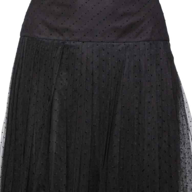 Pre Owned Dior Black Polka Dotted Tulle Pleated Midi Skirt L