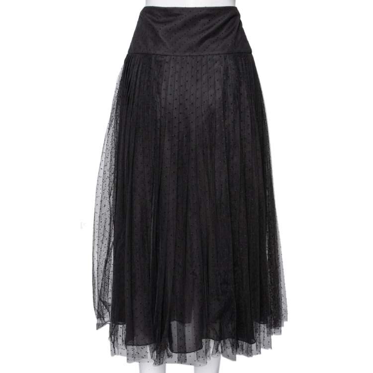 Pre Owned Dior Black Polka Dotted Tulle Pleated Midi Skirt L
