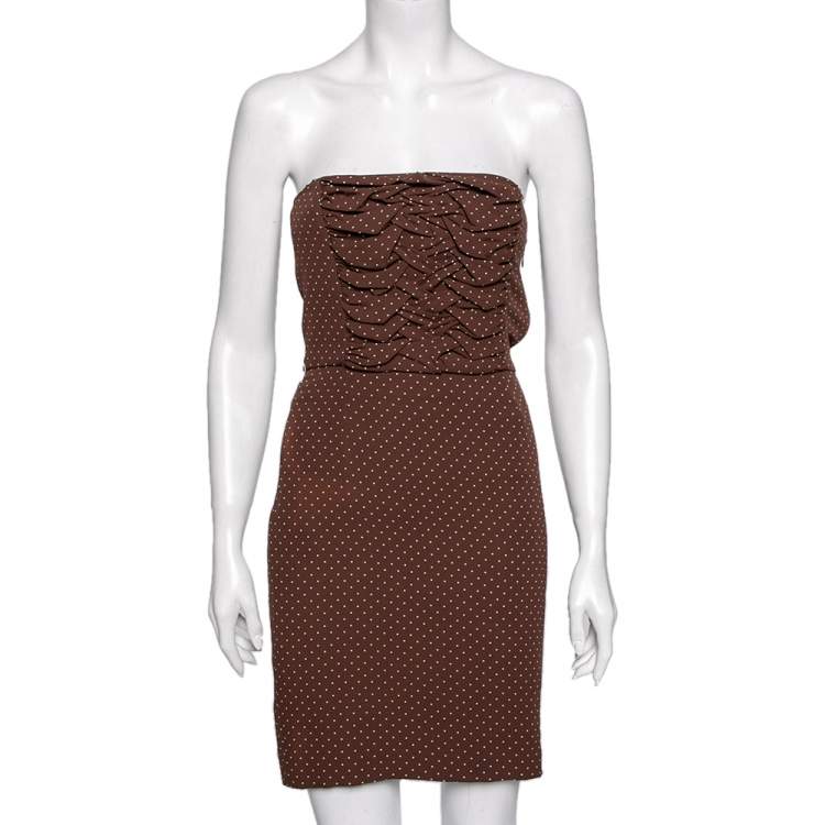 Pre Owned Dior Brown Polka Dot Print Silk Ruched Panel Detail Strapless Dress S