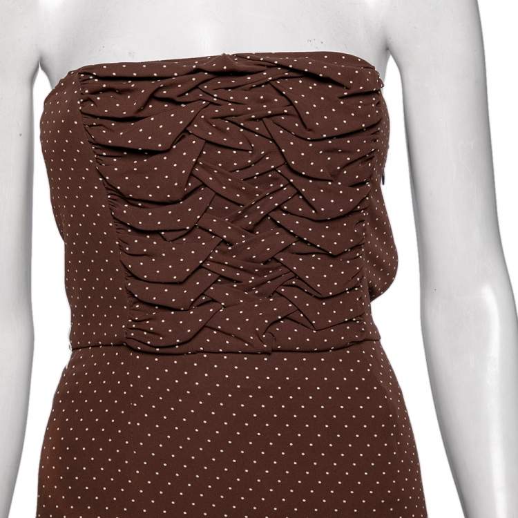 Pre Owned Dior Brown Polka Dot Print Silk Ruched Panel Detail Strapless Dress S