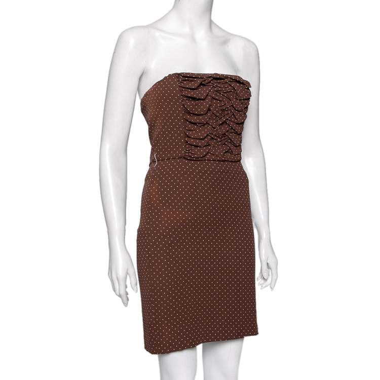Pre Owned Dior Brown Polka Dot Print Silk Ruched Panel Detail Strapless Dress S