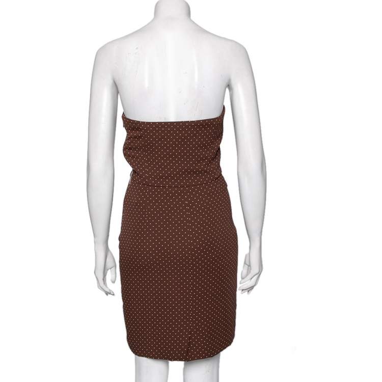 Pre Owned Dior Brown Polka Dot Print Silk Ruched Panel Detail Strapless Dress S