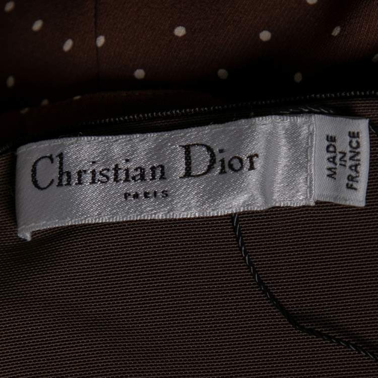 Pre Owned Dior Brown Polka Dot Print Silk Ruched Panel Detail Strapless Dress S