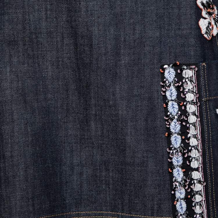 Pre Owned Dior Blue Denim Floral Embellished Short Sleeve Dress L