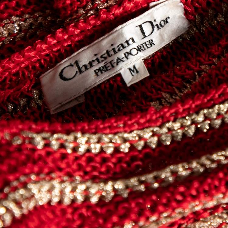 Pre Owned Dior Vintage Red & Gold Striped Lurex Knit Short Sleeve Top M