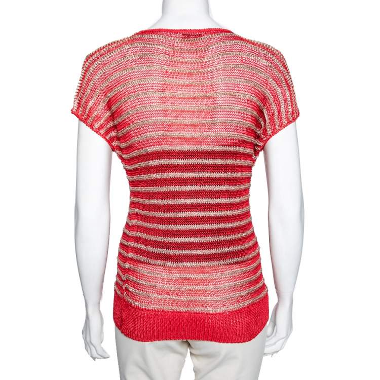 Pre Owned Dior Vintage Red & Gold Striped Lurex Knit Short Sleeve Top M