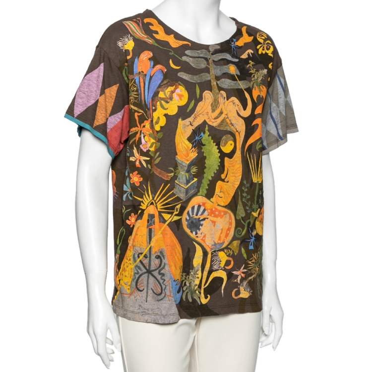 Pre Owned Dior Brown Printed Cotton Short Sleeve T-Shirt M