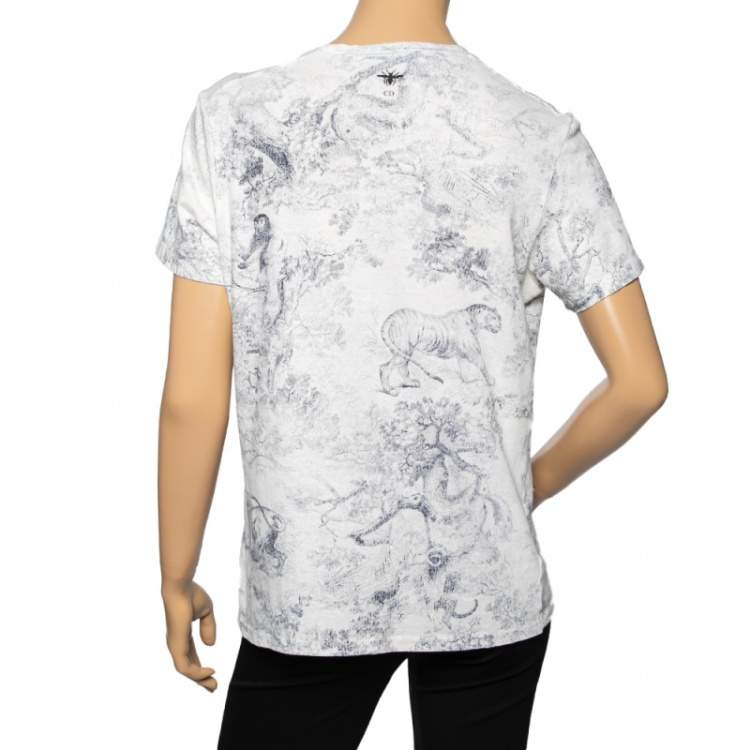 Pre Owned Dior Off White Diorodeo Jungle Print Cotton Linen T-Shirt L
