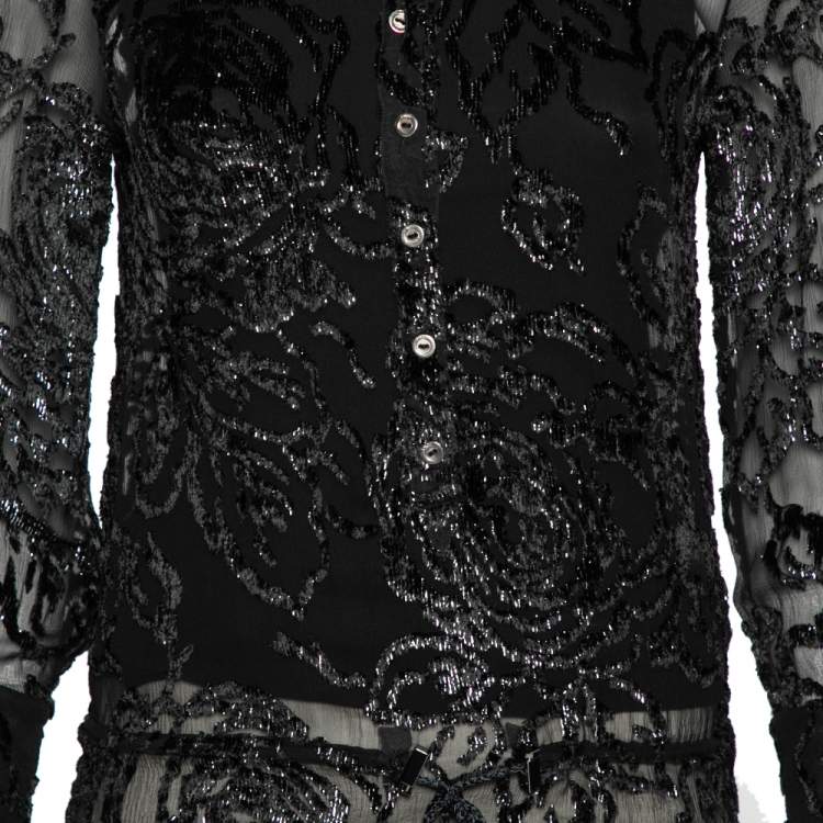 مملوكة مسبقًا Christian Dior Vintage Black Devore Waist Tie Detail Button Front Shirt M