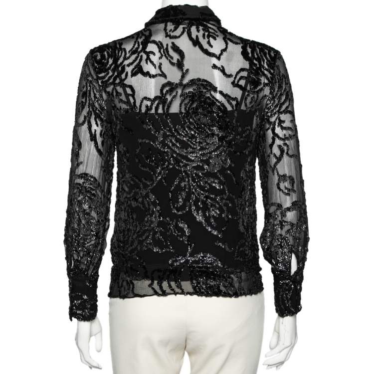 مملوكة مسبقًا Christian Dior Vintage Black Devore Waist Tie Detail Button Front Shirt M
