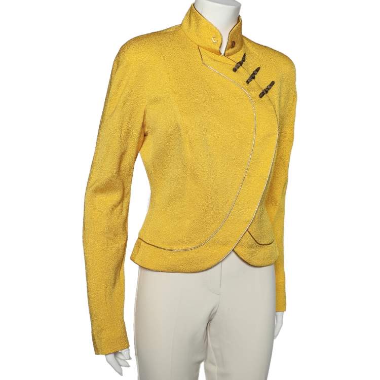 Pre Owned Christian Dior Yellow Textured Silk Cheongsam Jacket L