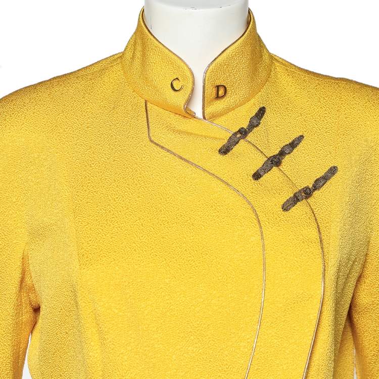 Pre Owned Christian Dior Yellow Textured Silk Cheongsam Jacket L
