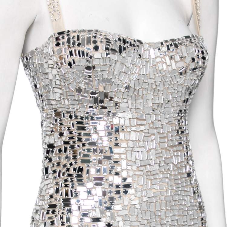 Pre Owned Dior Silver Mirror Embellished Mesh Mini Dress S