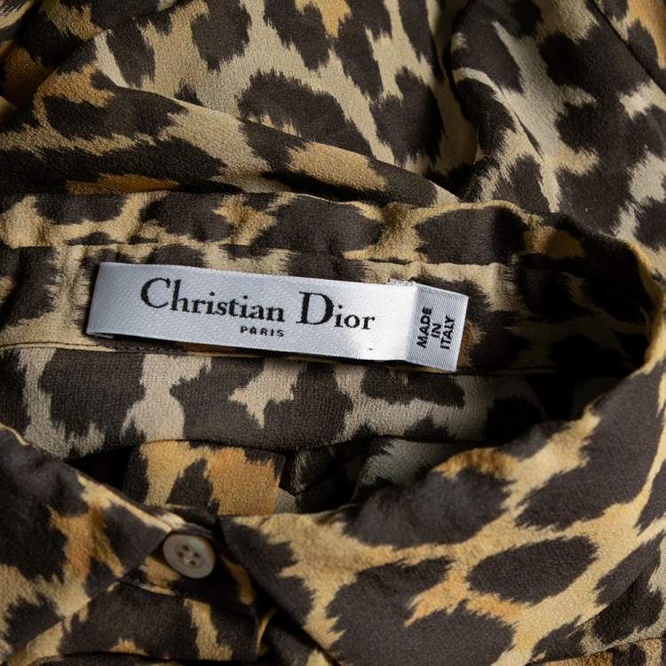 Pre Owned Dior Brown Leopard Printed Silk Puffed Short Sleeve Blouse L