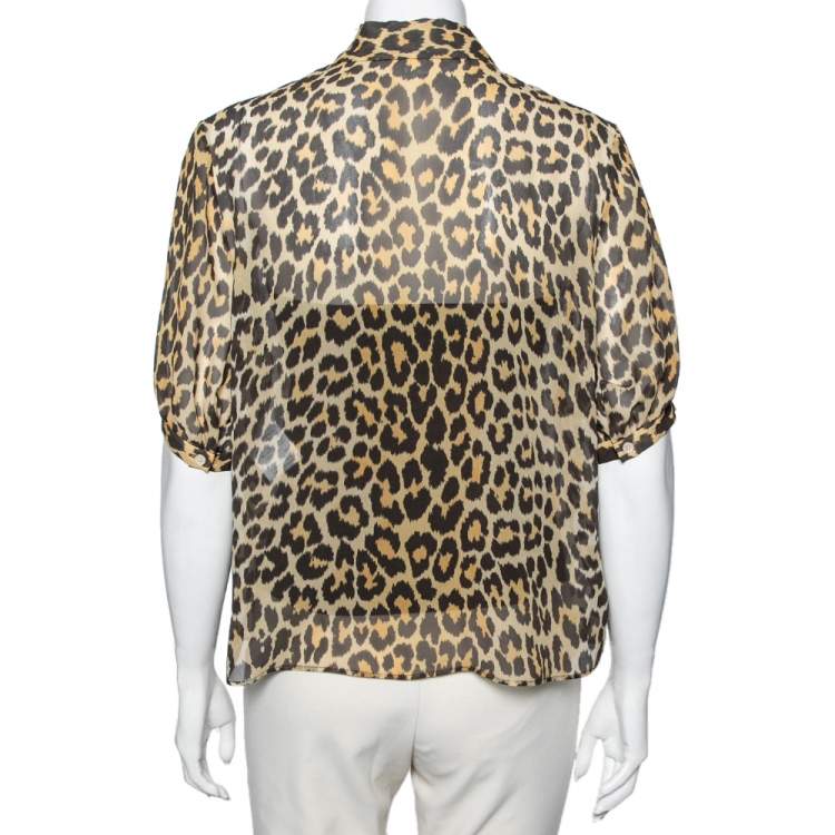 Pre Owned Dior Brown Leopard Printed Silk Puffed Short Sleeve Blouse L