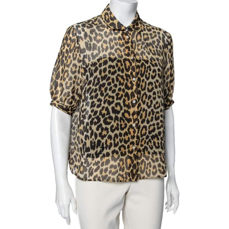 Pre Owned Dior Brown Leopard Printed Silk Puffed Short Sleeve Blouse L