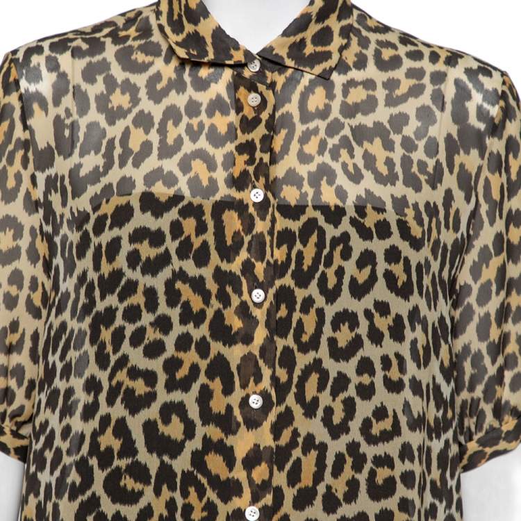 Pre Owned Dior Brown Leopard Printed Silk Puffed Short Sleeve Blouse L