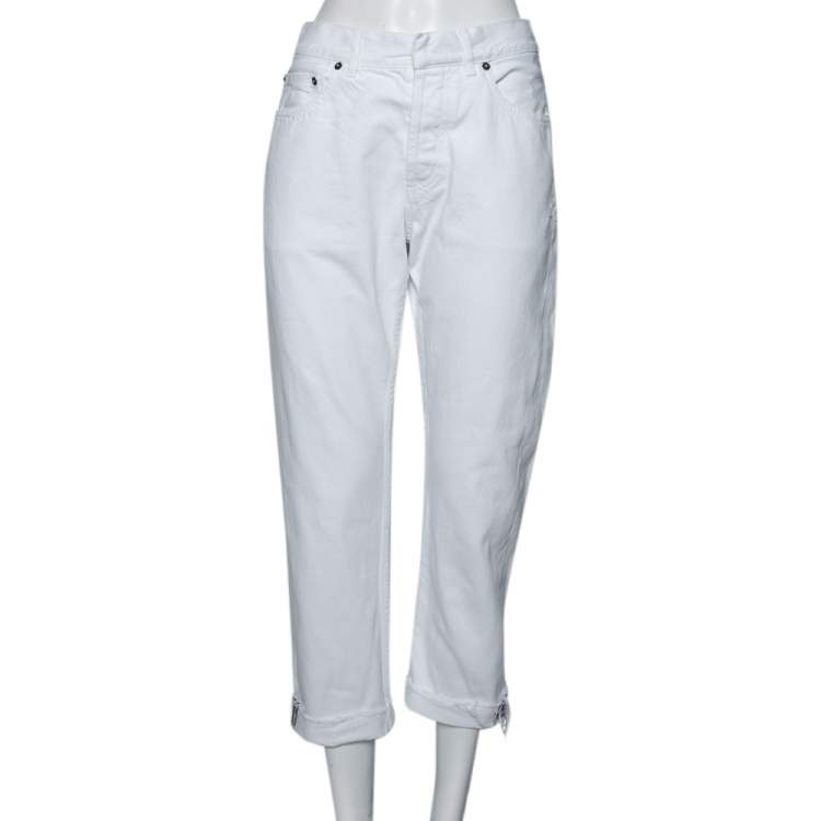 Pre Owned Dior White Denim Frayed Edge Detail Boyfriend Jeans M