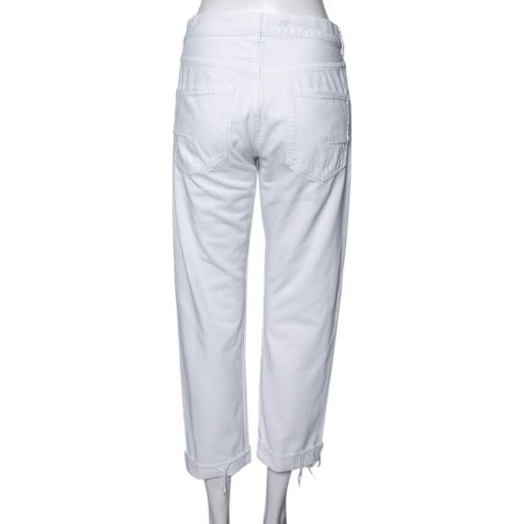 Pre Owned Dior White Denim Frayed Edge Detail Boyfriend Jeans M